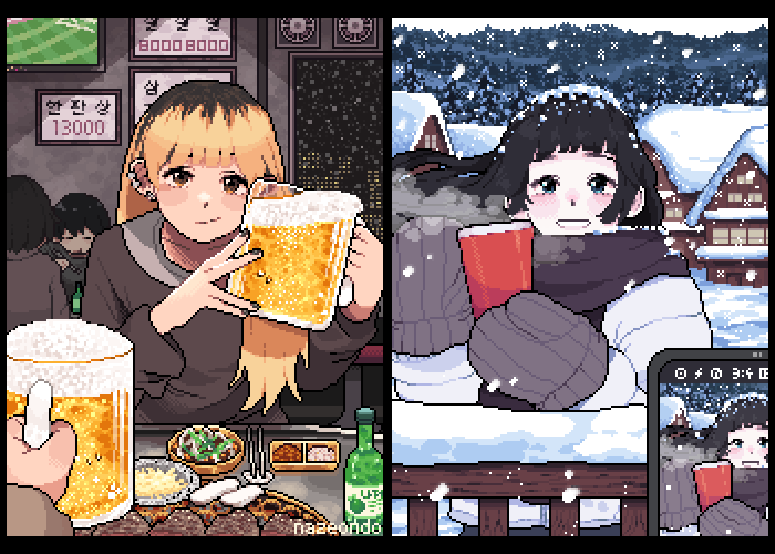 작년에 그렸던 겨울 그림~ 고기 테이블 디테일이 잘 살아서 좋아하는 그림..