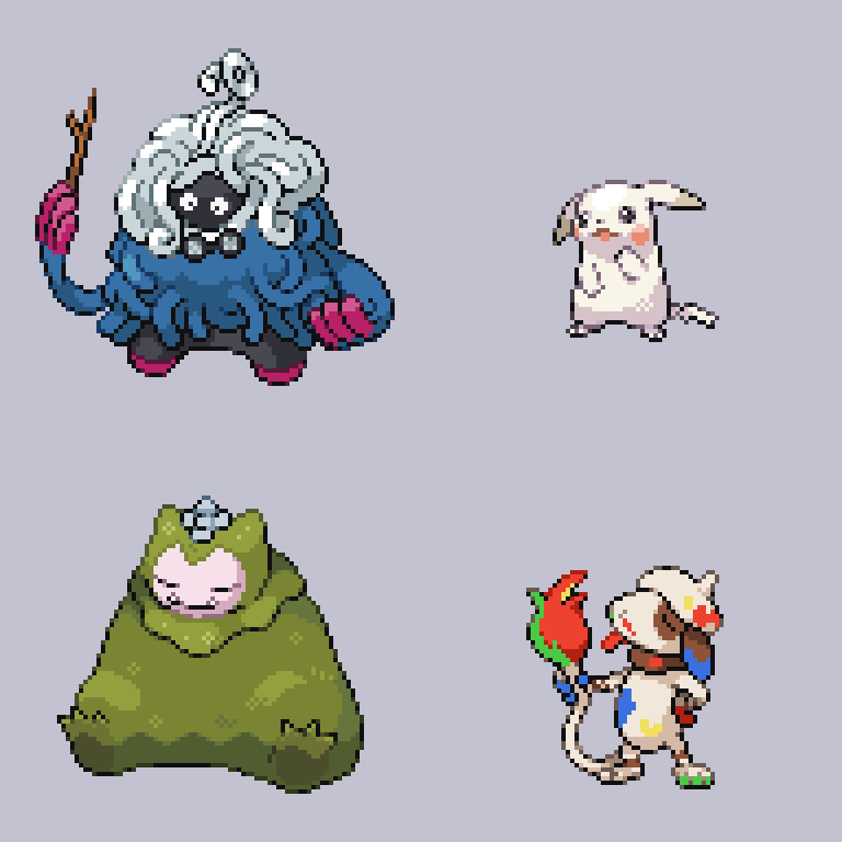 モジャンボ(はかせ)・ピカチュウ(うすいろ)・カビゴン(こけむし)・ドーブル(ペインター)。