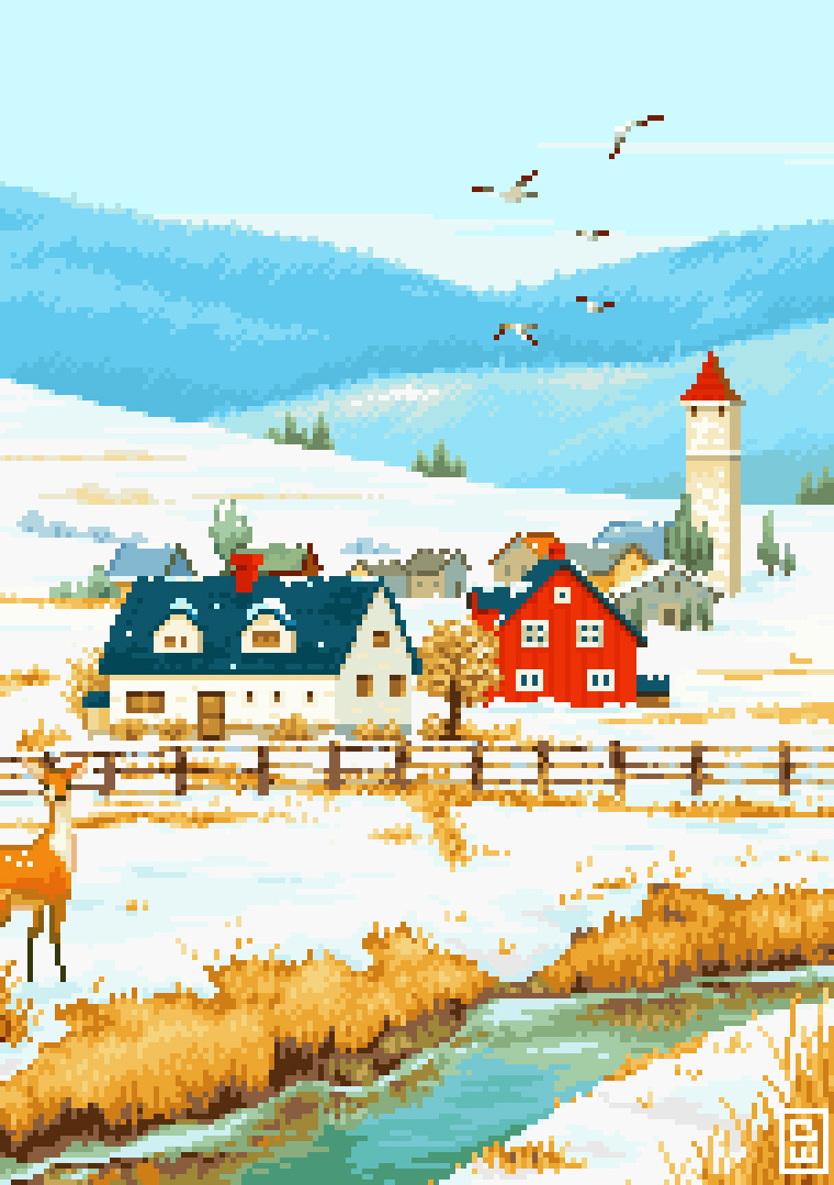 Painting (and sneezing) through the cold this year. December is here! ☃️ Developing my signature pixel art style: soft edges, free colors, layered designs. Mind-bending but rewarding. Time to build a stockpile. 🎨✨