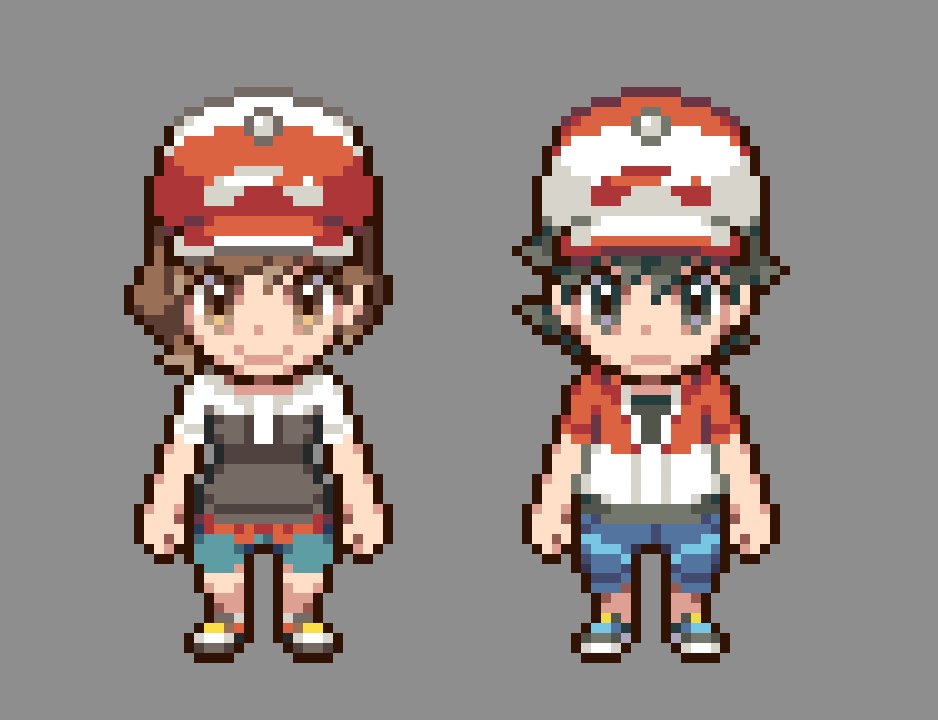 Me encanta hacer estas cosas xd. Aquí un intento que hice de adaptar los modelos de los protas de Pokémon Let's go! a formato pixelart.