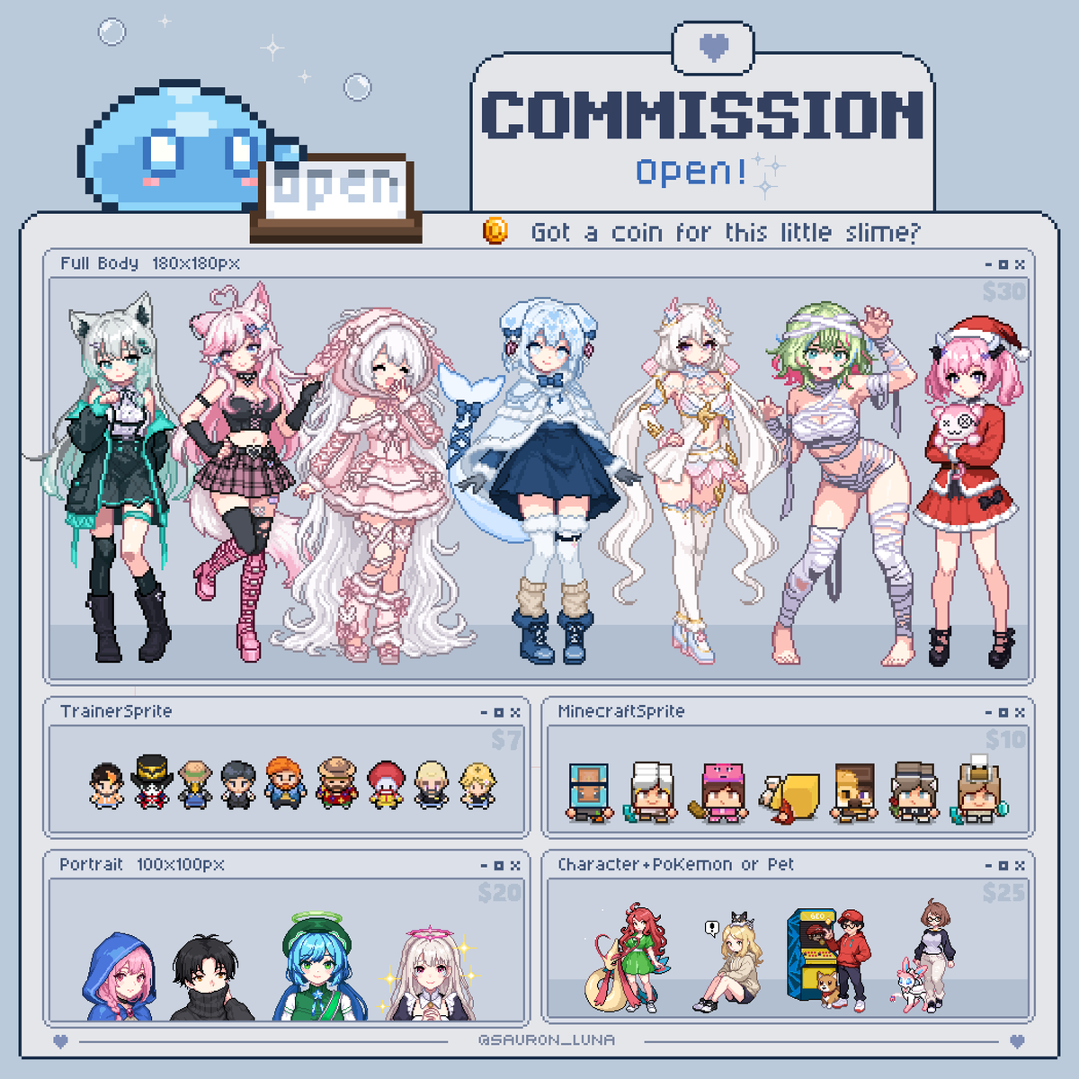 💙 Got a few coins to spare? 💙 This little slime is taking commissions! 🫧 He forgot to put away his pets’ food... they, of course, didn’t forget to eat it. 🐾✨ | | | |
